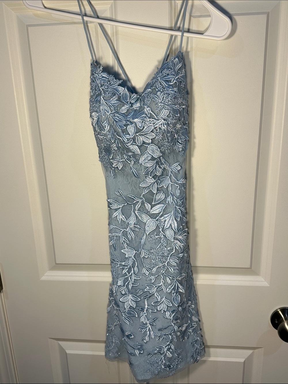 Sherri Hill Light Blue Lace Appliqué Mini Dress